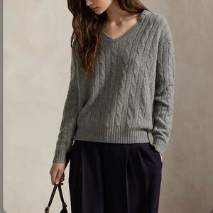 Polo Ralph Lauren 100% Cashmere V-neck Cable Knit Sweater in Grey Size M